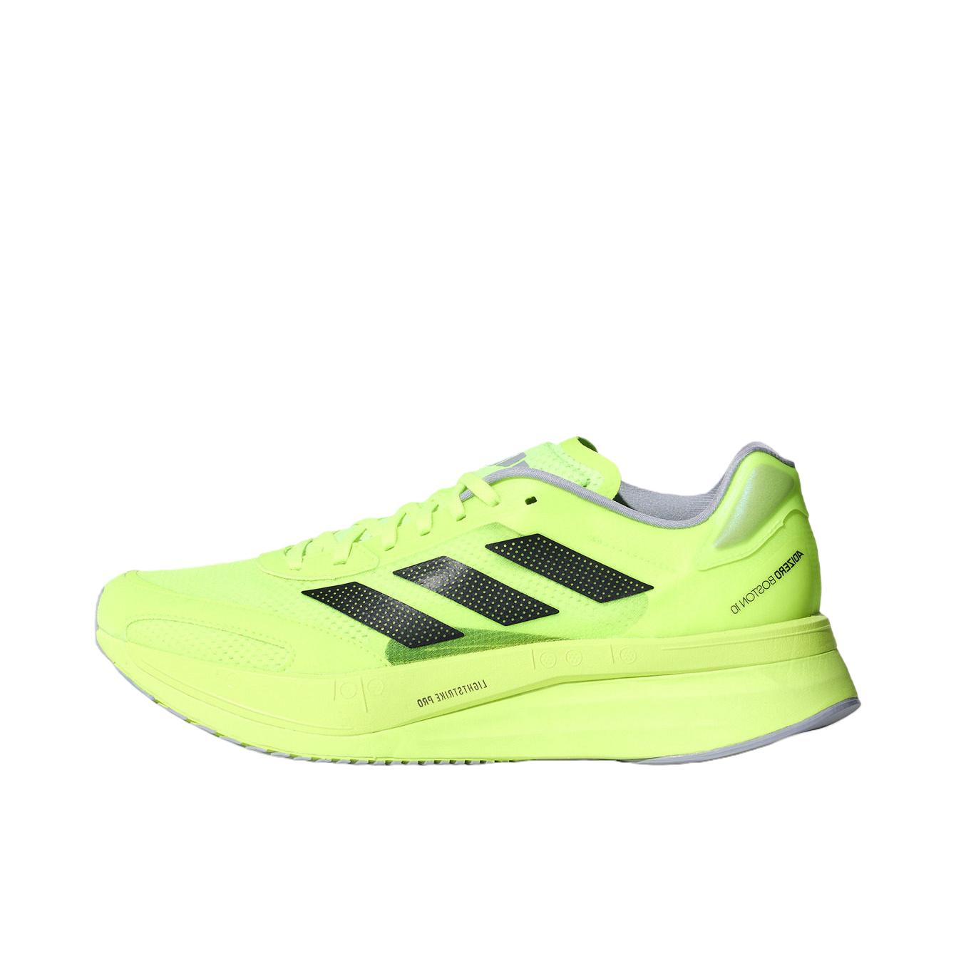 推荐商品：adidas Adizero Boston 10 跑鞋 玻纤柱马拉松耐穿支撑训练 亮柠檬黄/黑色/浅银色