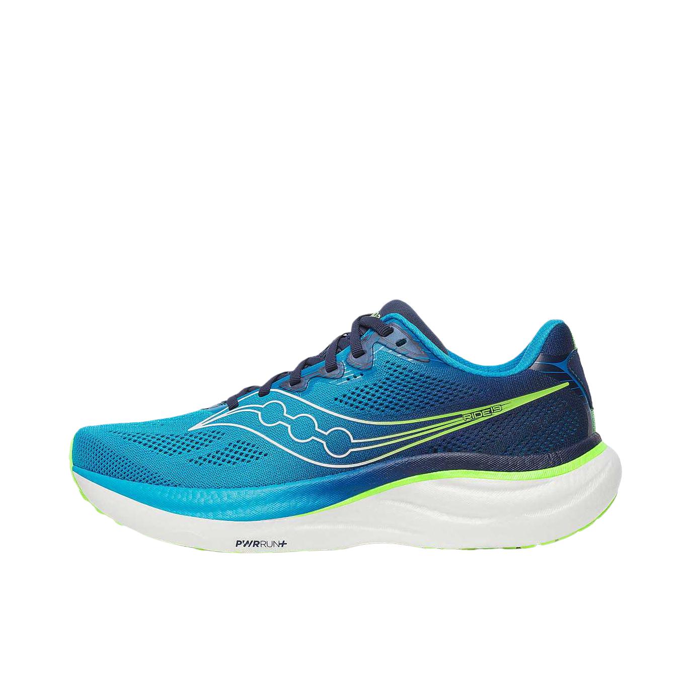 推荐商品：Saucony/索康尼 RIDE 驭途 19 跑鞋 慢跑回弹网布情侣训练耐穿轻便减震 钴蓝色/史莱姆