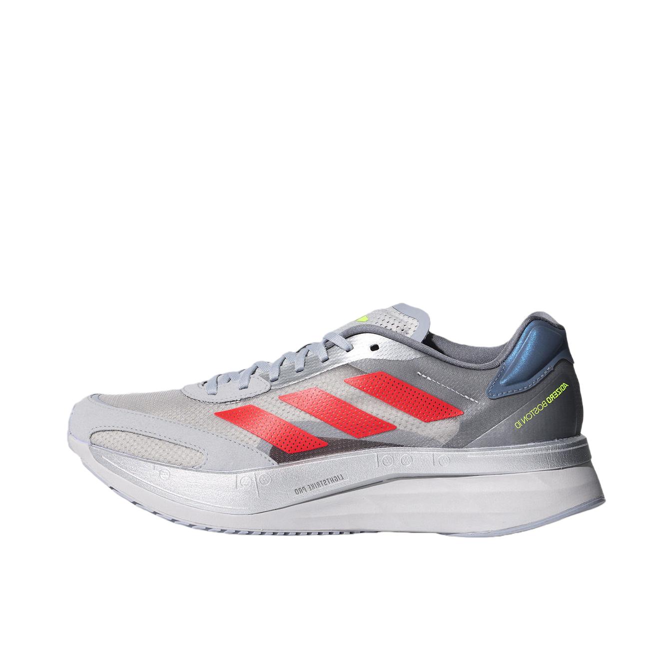 推荐商品：adidas Adizero Boston 10 跑鞋 玻纤柱马拉松耐穿支撑训练 浅灰色/亮红色/亮柠檬黄