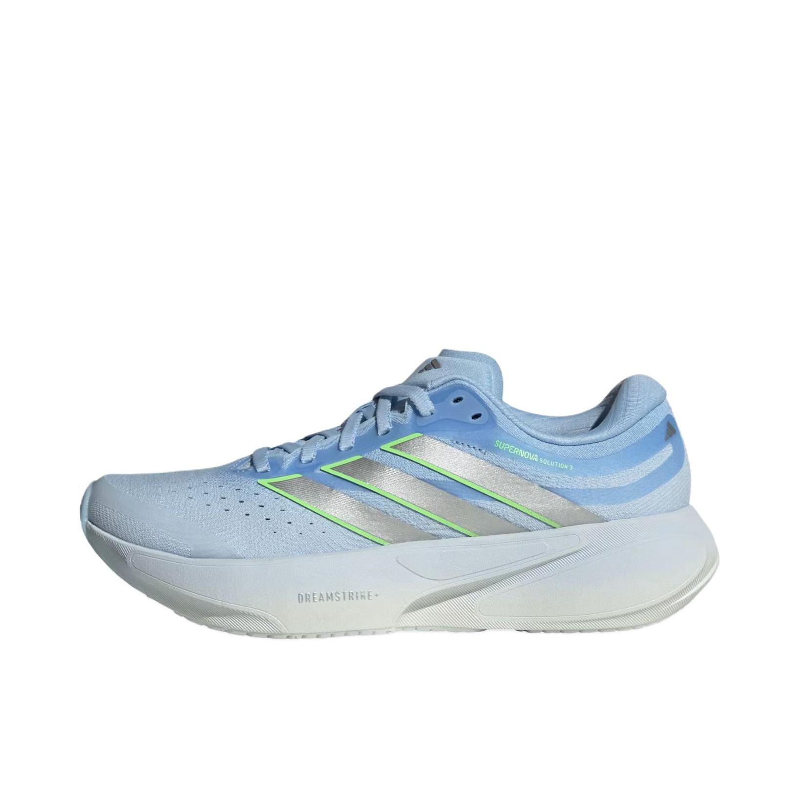 推荐商品：adidas SUPERNOVA RISE 3 跑鞋 百搭时尚舒适回弹防滑贴合支撑体测稳定慢跑 浅蓝色/银色