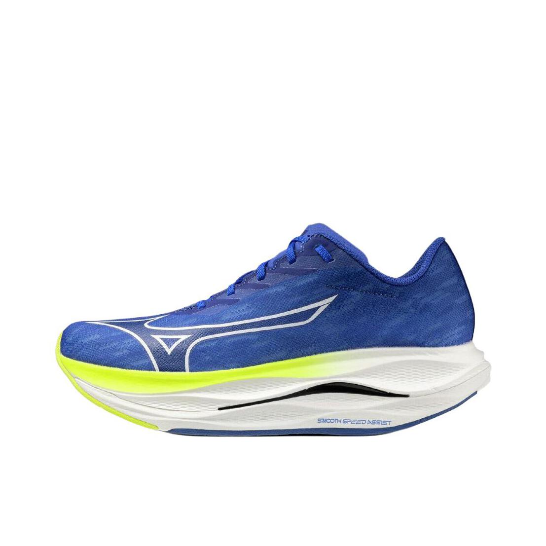 推荐商品：Mizuno/美津浓 WAVE REBELLION FLASH 3 跑鞋 橡胶系带厚底圆头支撑 2E宽/蓝色/白色