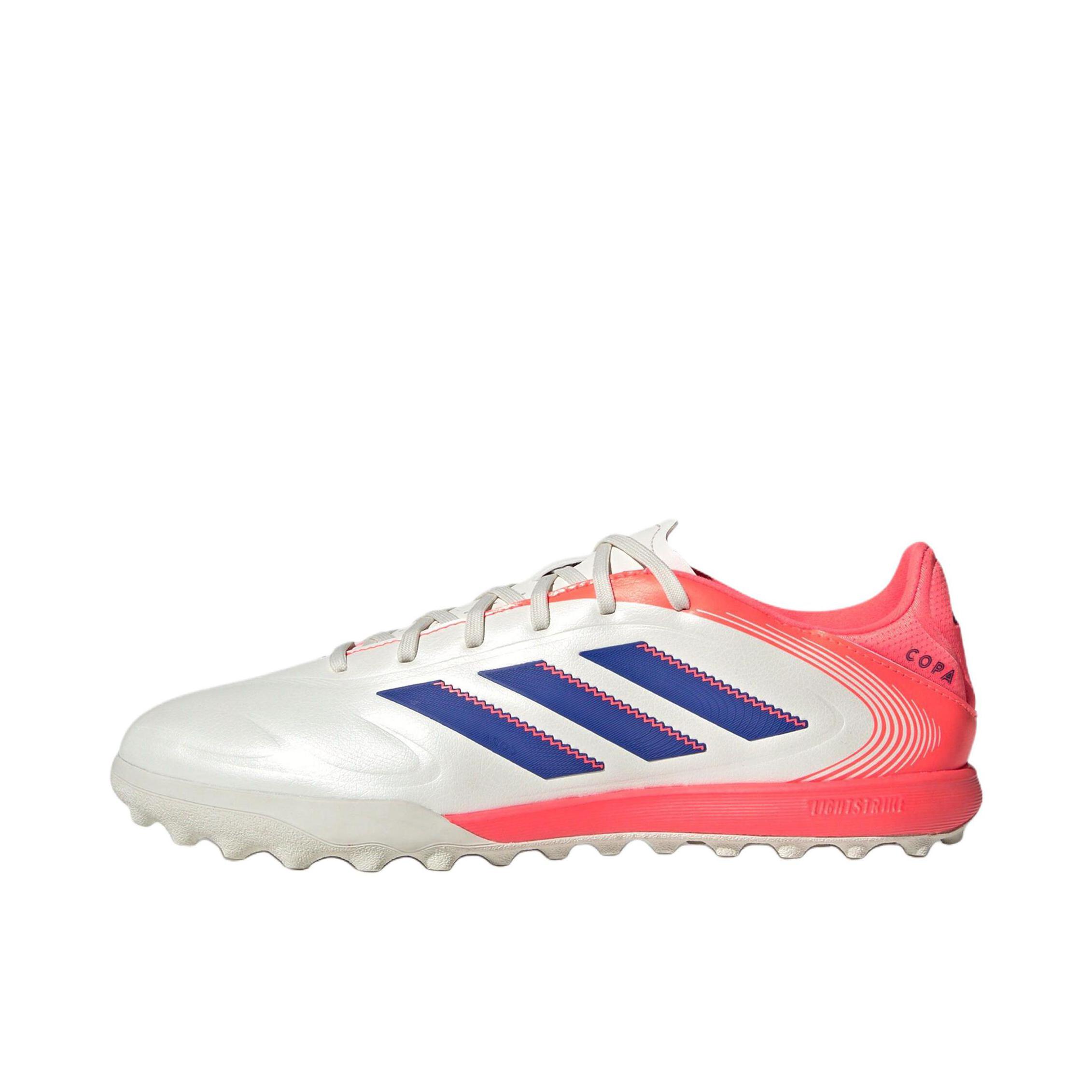 推荐商品：adidas Copa Pure 3 LEAGUE TF 中端 胶质碎钉 硬地 人造球场 训练 足球鞋 汉玉白/亮蓝色/信号珊瑚粉