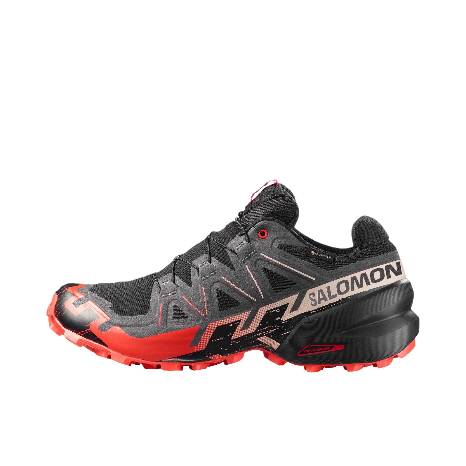 推荐商品：Salomon/萨洛蒙 Speedcross 6 户外鞋 徒步鞋 越野跑鞋 支撑防水抓地包裹贴合减震网布透气全地形织物 深黑色/火焰红