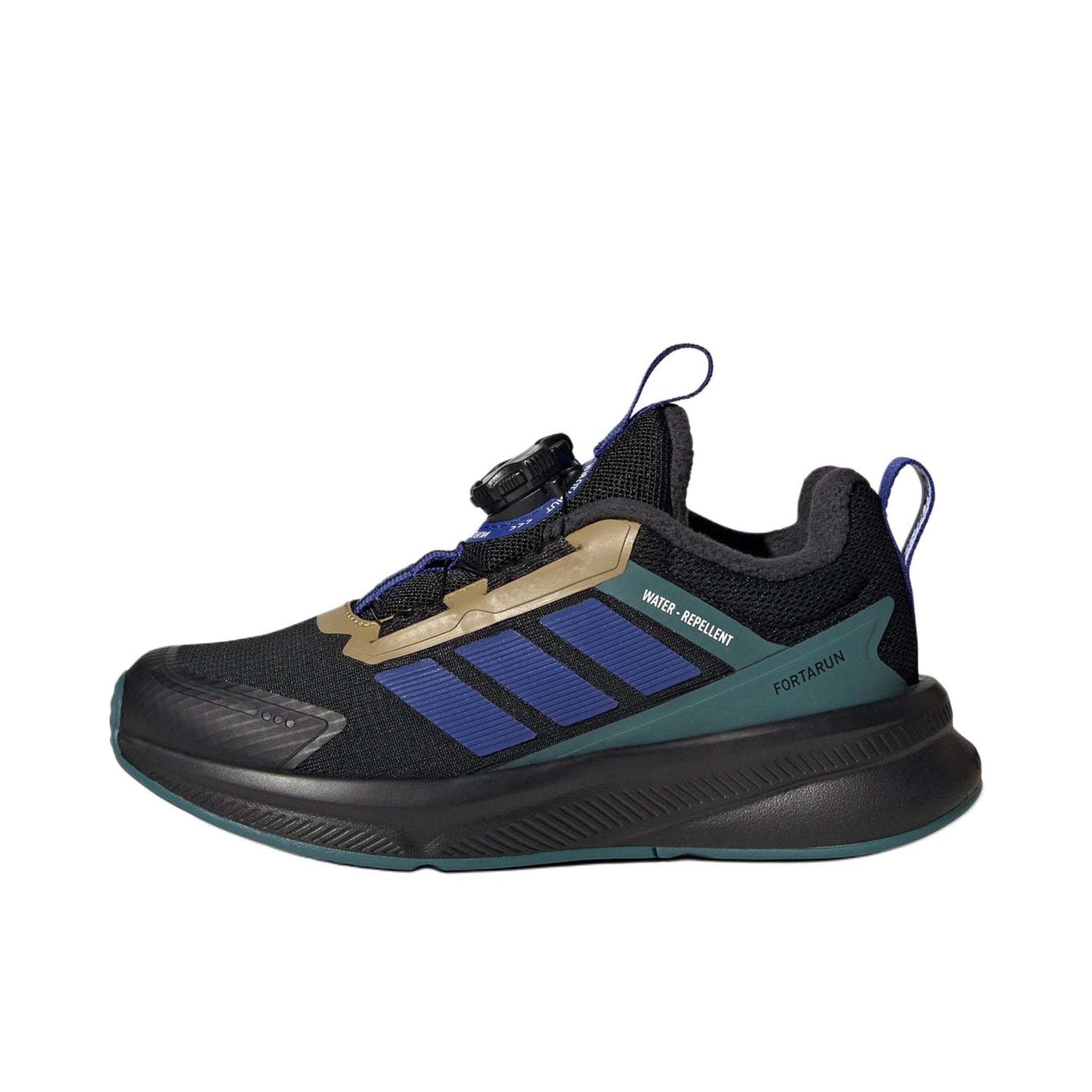 推荐商品：adidas FortaRun 4.0 HABU 运动休闲鞋 圆头时尚舒适旋转按钮训练防泼水 大童/黑色/半荧光蓝