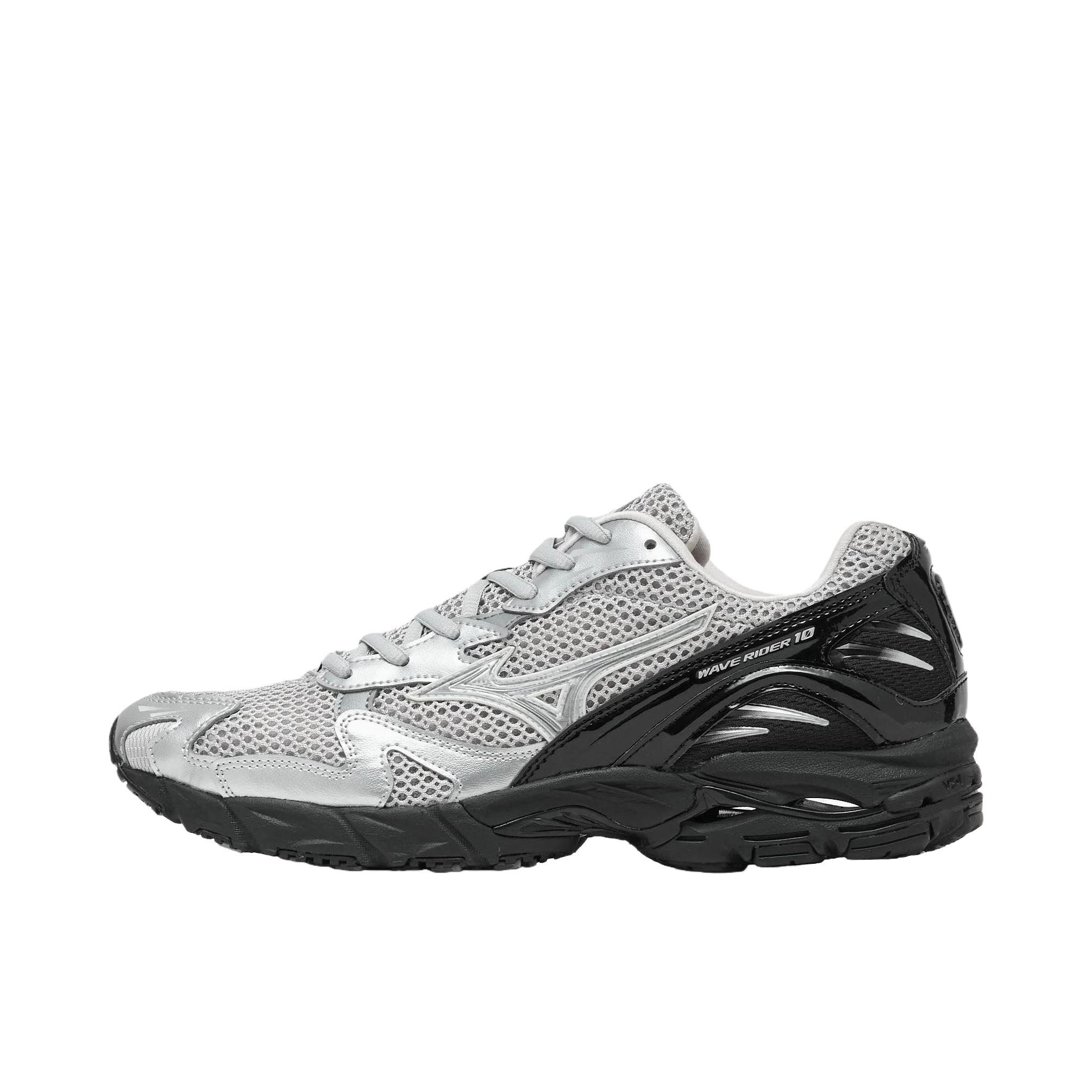 推荐商品：Mizuno/美津浓  Wave Rider 10  经典减震 防滑耐磨 轻便  网布 透气 织物 复古 合成革 运动  跑鞋 灰色/银色