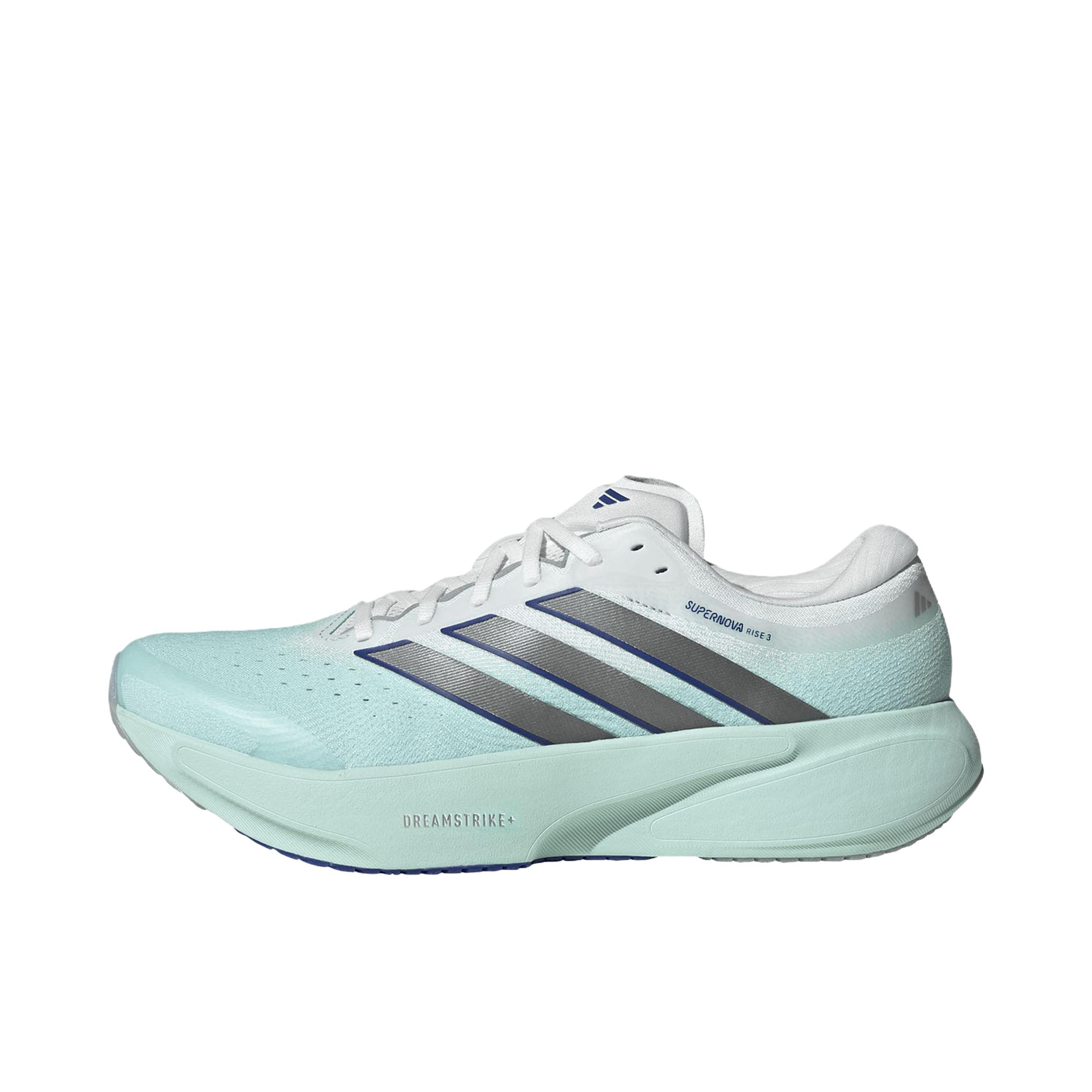 推荐商品：adidas SUPERNOVA RISE 3 跑鞋 百搭时尚舒适回弹防滑贴合支撑体测稳定慢跑 蓝色/白色/灰色 