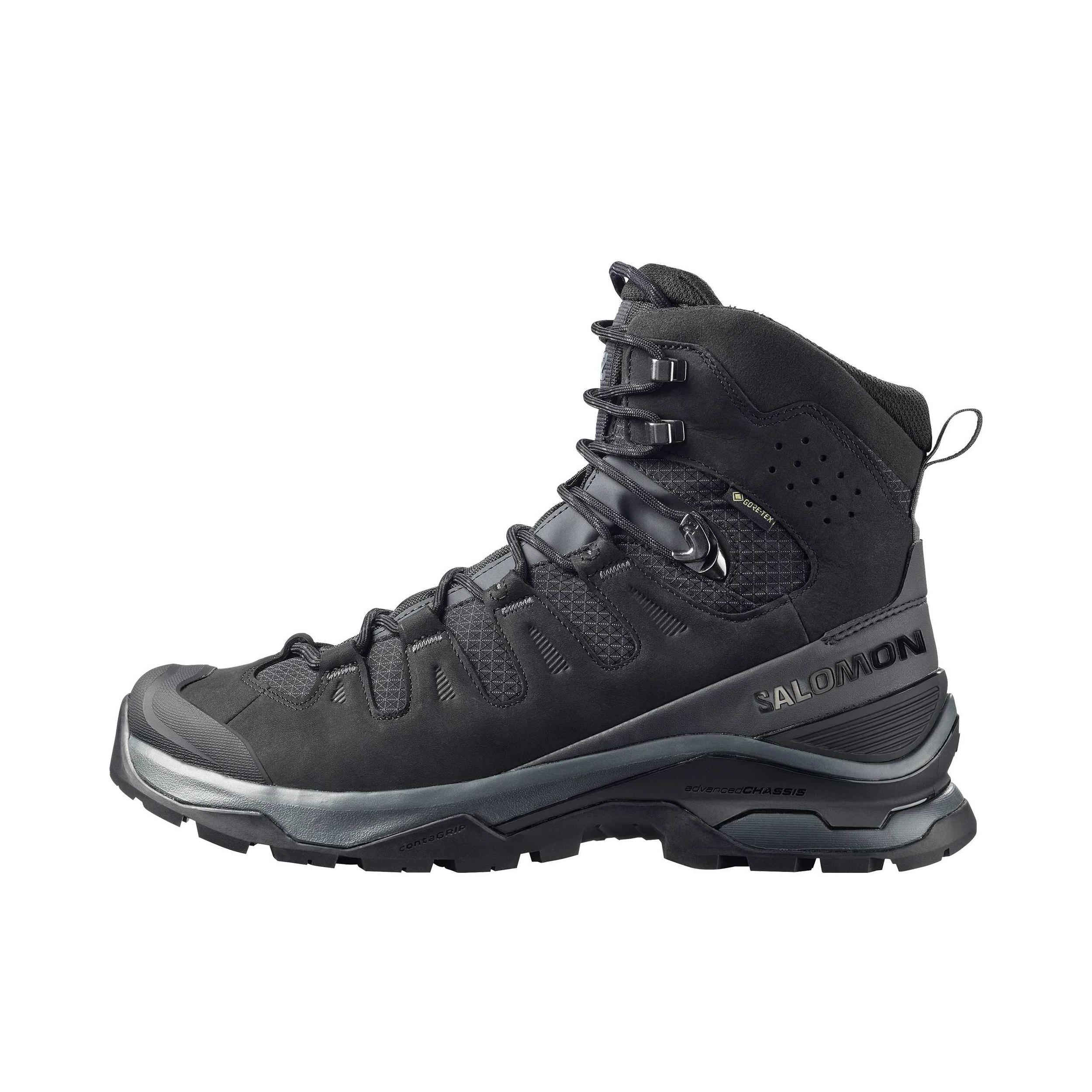 推荐商品：Salomon/萨洛蒙 QUEST 5 GTX 跑鞋 户外运动防水透气减震头层牛皮包裹性支撑稳固徒步鞋 沥青灰/黑色 