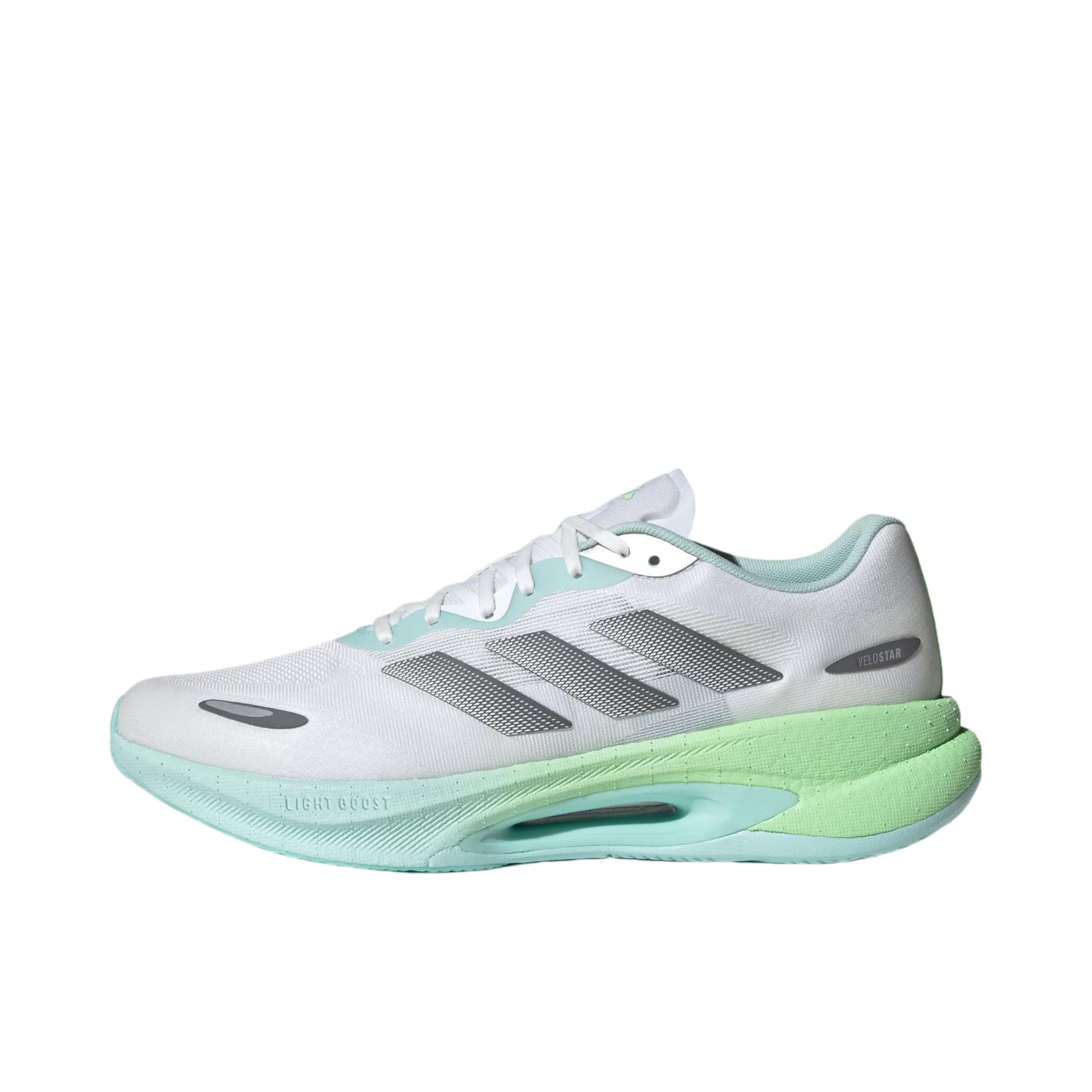 推荐商品：adidas VELOSTAR 跑鞋 超轻稳定缓震回弹排汗贴合体测训练 白色/灰色/浅闪光蓝