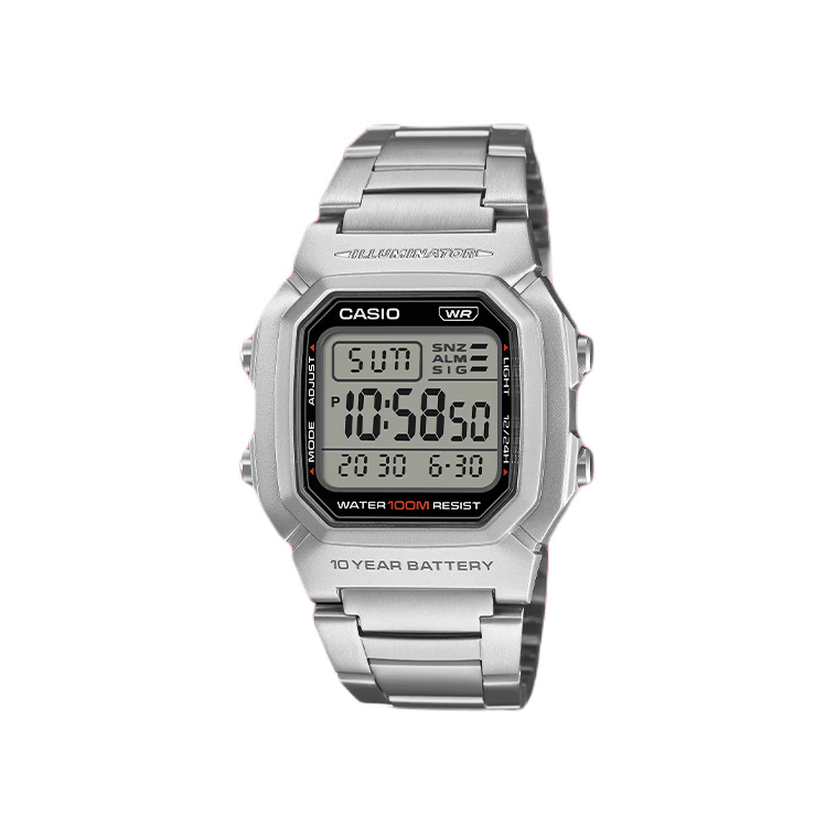 Casio/卡西欧 STANDARD 不锈钢表带复古小方块商务通勤休闲简约学生石英男士手表 银色 W-800HD-1AVPF