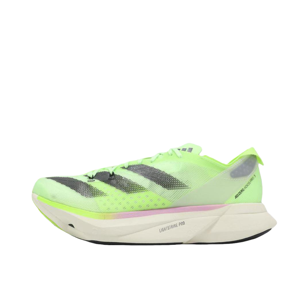 推荐商品：adidas Adizero Adios Pro 3 跑鞋 缓震织物马拉松圆头 女款/荧光绿/黑色