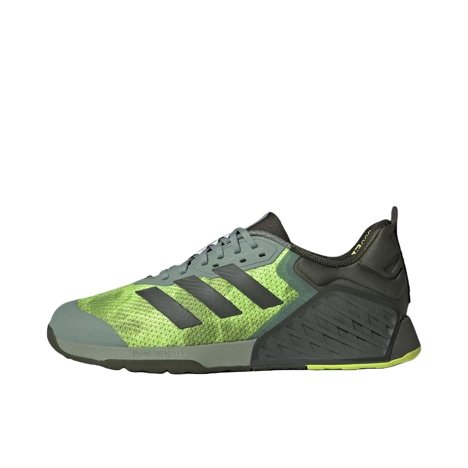 推荐商品：adidas DROPSET 3 TRAINER 防滑 耐磨 透气 力量训练 硬拉 深蹲 织物 回弹 稳定力量 缓震 贴合 训练鞋 银灰绿/夜空货物绿/亮柠檬黄