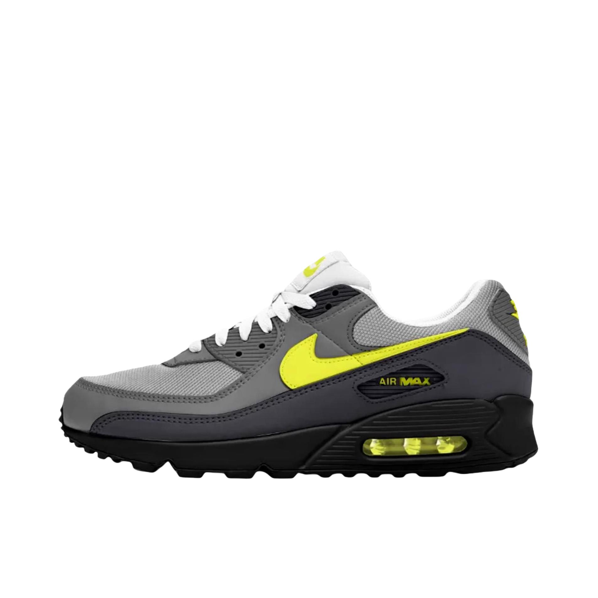 推荐商品：Nike Air Max 90 跑鞋 气垫合成革缓震透气复古增高圆头贴合拼接 深灰色/黄色/黑色