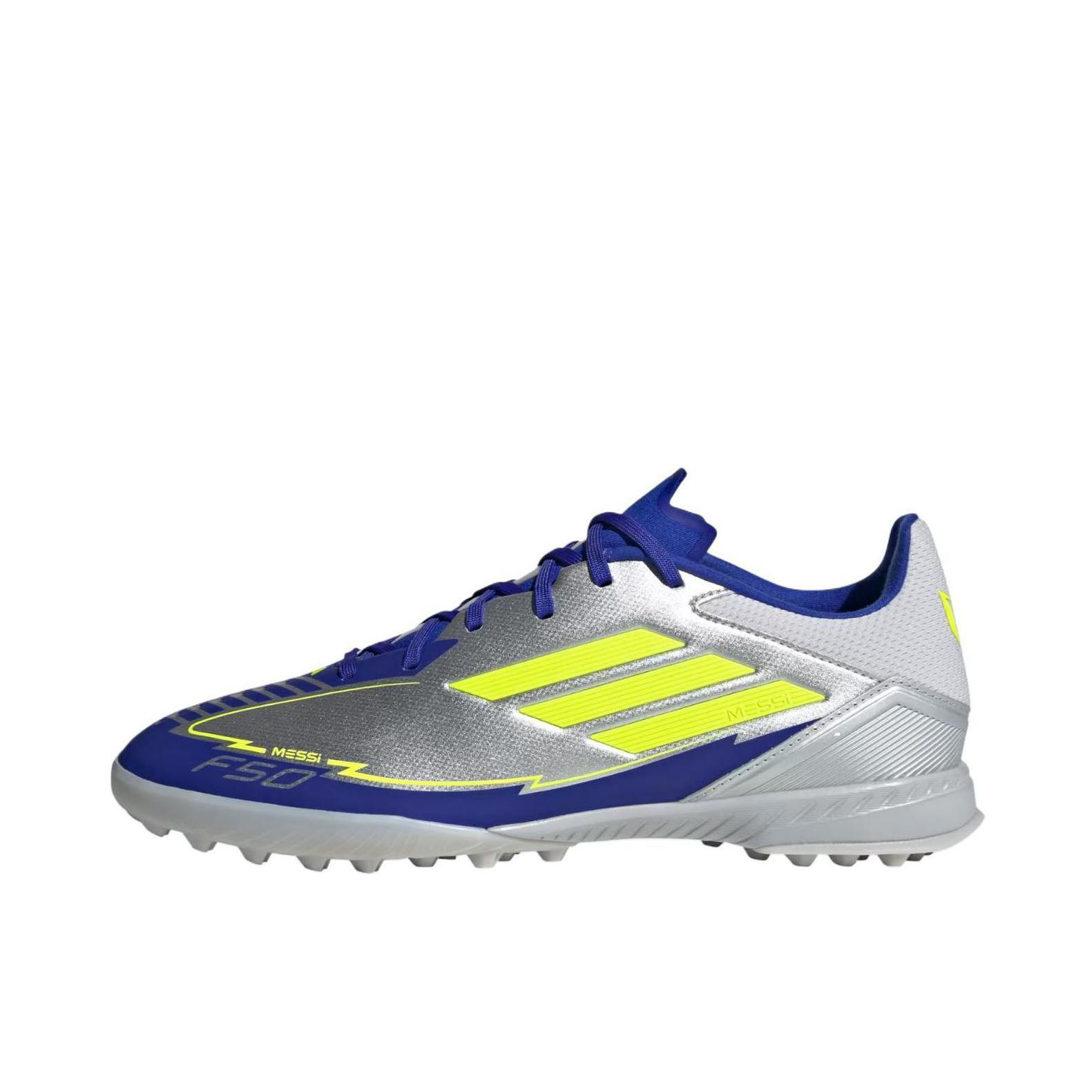 推荐商品：adidas F50 League TF 中端 胶质碎钉 人造草地室外硬地 缓震耐用 足球鞋 金属银/亮黄荧光/亮蓝色