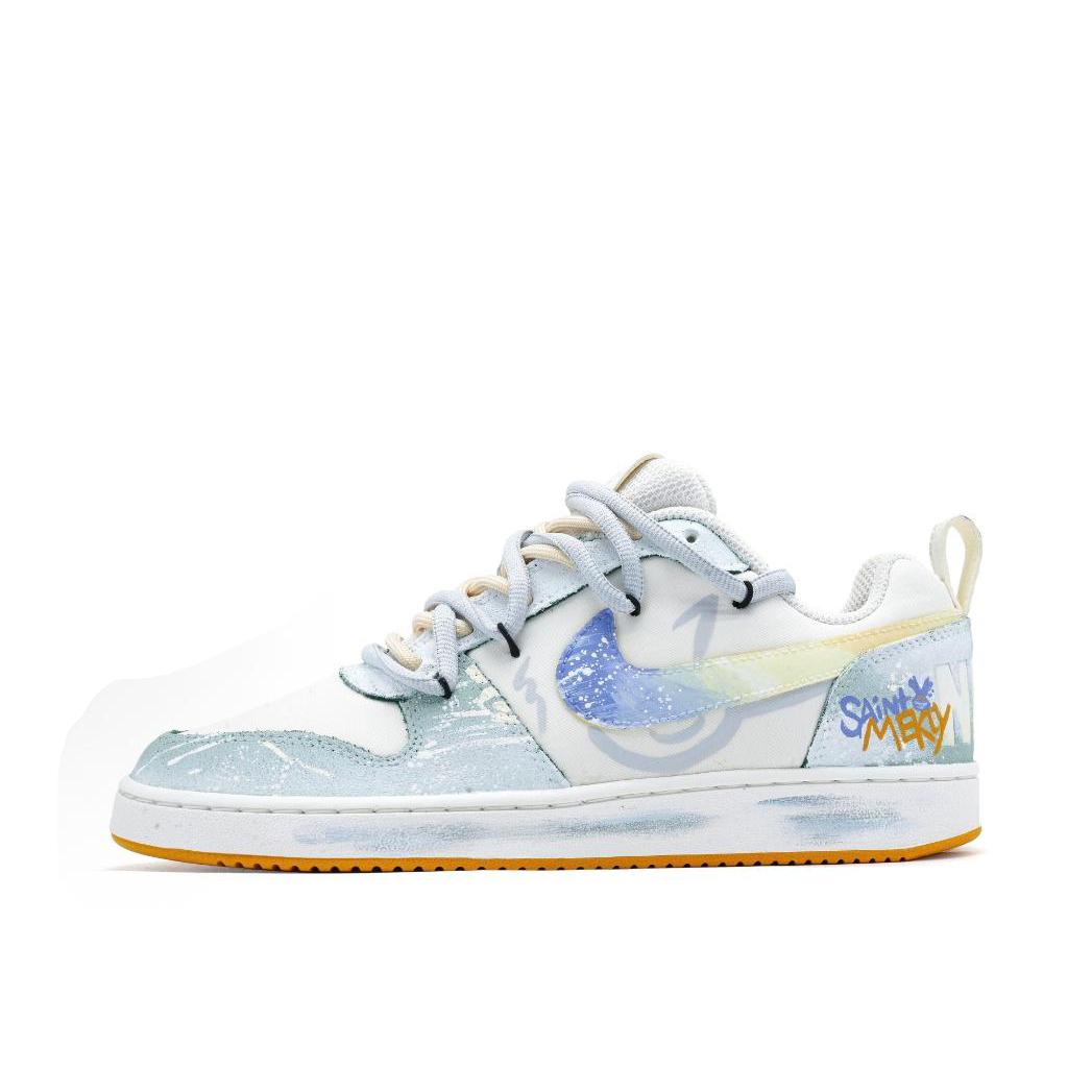 推荐商品：【定制球鞋】 Nike Court Borough 板鞋 防滑防水轻便减震手绘减龄做旧甜酷高街合成革甜妹包裹性复古婚鞋增高小白鞋薄底秋冬脏脏鞋 碧波荡漾