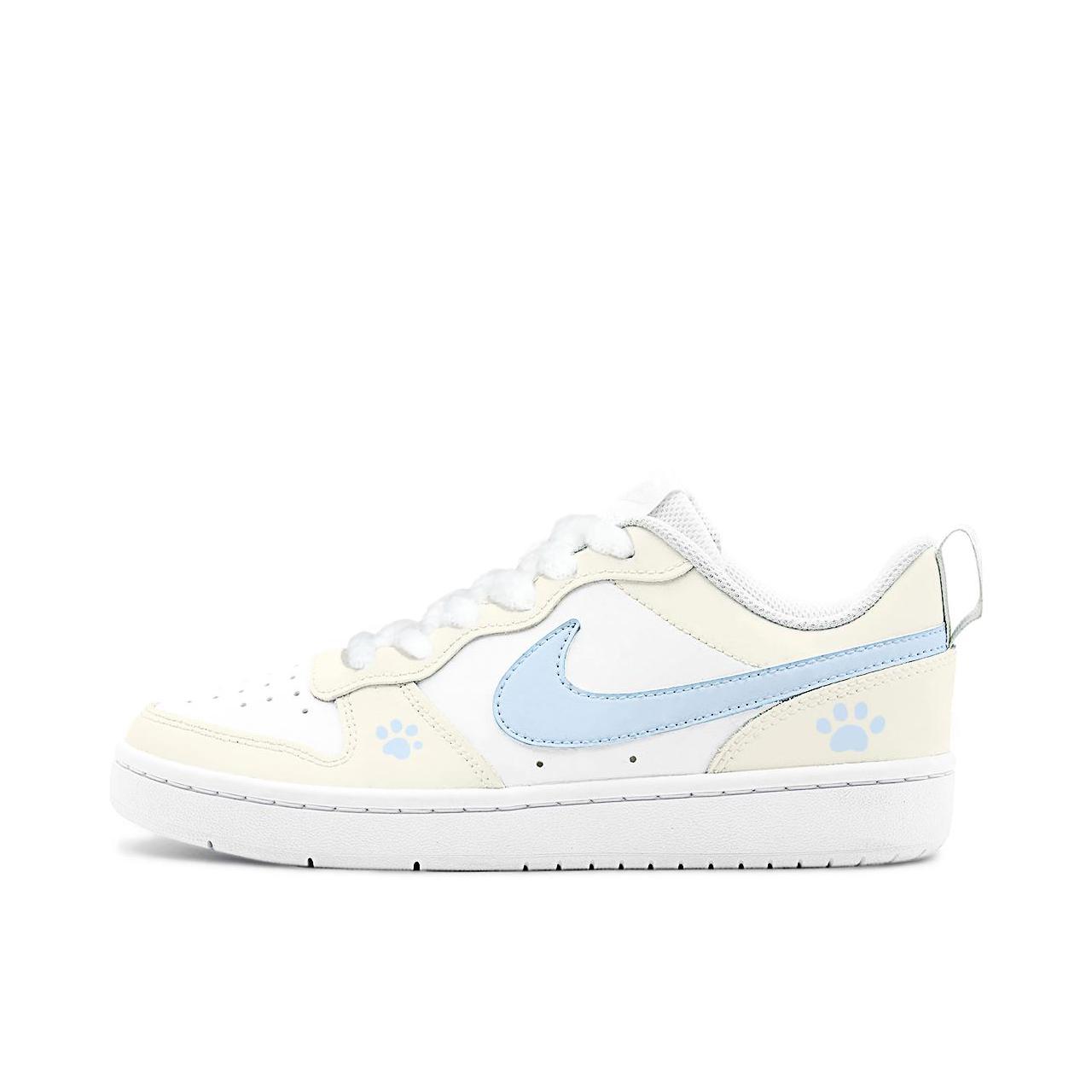推荐商品：【定制球鞋】 Nike Court Borough 板鞋 防滑防水轻便减震手绘减龄做旧甜酷高街合成革甜妹包裹性复古婚鞋增高小白鞋薄底秋冬脏脏鞋 女款/海盐喵爪