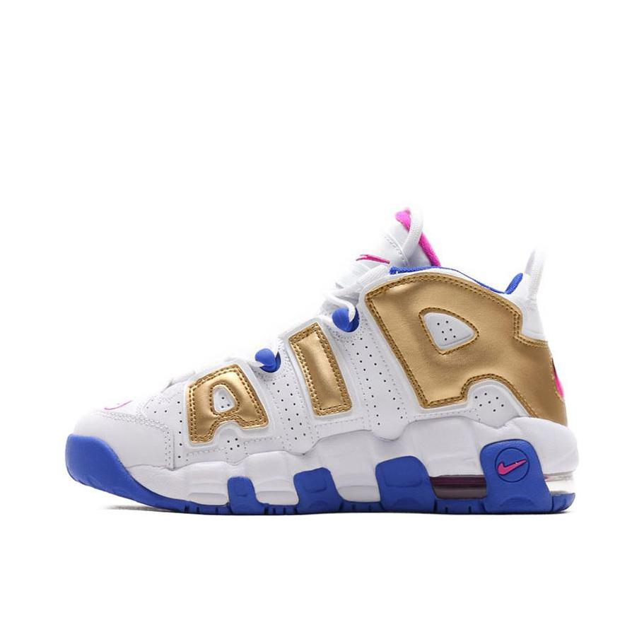 推荐商品：Nike Air More Uptempo 运动休闲鞋 缓震复古百搭防滑耐磨支撑圆头篮球风 Fuchsia Blast Metallic Gold GS/白蓝金
