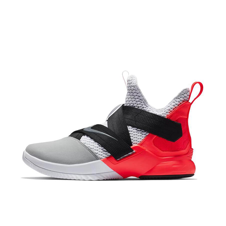 推荐商品：Nike LeBron Soldier 12 士兵12 防滑耐磨 舒适支撑 轻便缓震 圆头 织物 实战 合成革 篮球鞋 White/Crimson Grey 男款/灰色/黑色/橙色