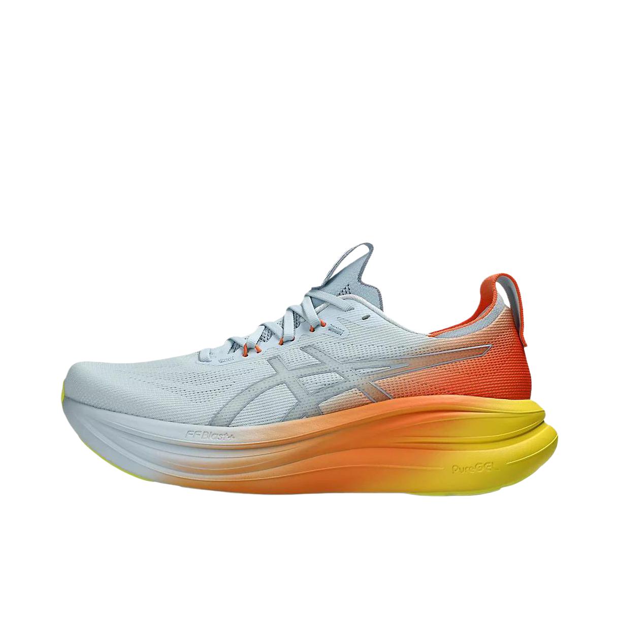推荐商品：Asics/亚瑟士 GEL-NIMBUS 28 跑鞋 百搭时尚舒适圆头减震回弹夜跑轻便贴合支撑网面抓地慢跑缓冲缓震马拉松训练防滑冬季稳定竞速增高通勤鞋 蓝色/黄色/橙色