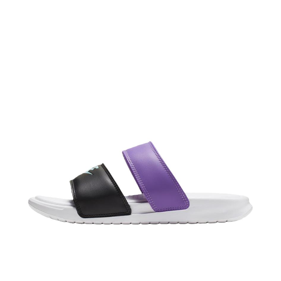 推荐商品：Nike Benassi Duo Ultra Slide 防滑耐磨 轻便 潮流百搭 休闲运动 双绑带 外穿 橡胶底 一字 拖鞋 黑色/紫色