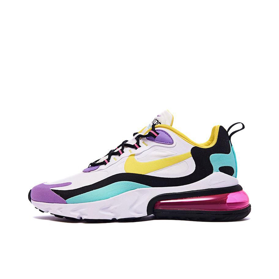 推荐商品：Nike Air Max 270 React 跑鞋 气垫缓震耐磨舒适透气复古拼接圆头回弹 White/Black/Bright Violet/Dynamic Yellow 白/彩