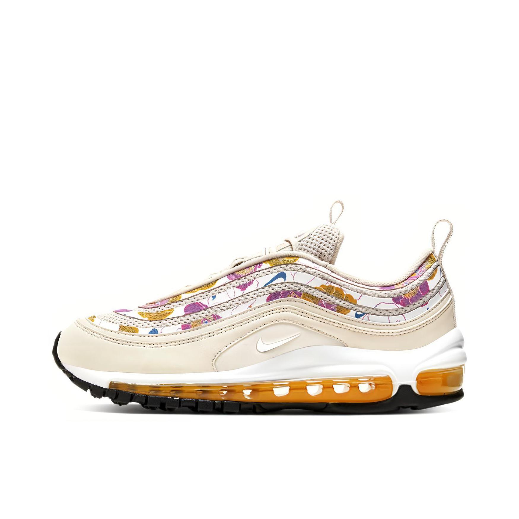 推荐商品：Nike Air Max 97 跑鞋 气垫减震全掌舒适透气防滑耐磨百搭复古织物合成革运动时尚圆头包裹性支撑 Light Orewood Brown /Laser Orang /White 浅卡其/花卉