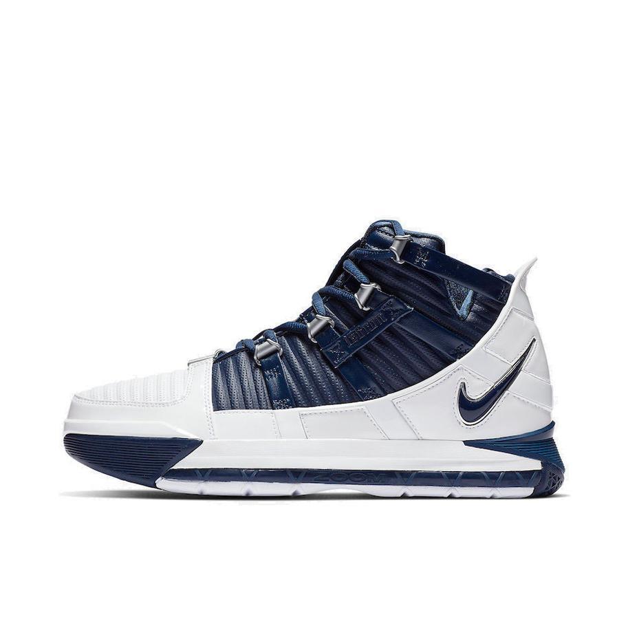 推荐商品：Nike Zoom LeBron 3 詹姆斯 理发店 缓震耐磨 透气舒适 轻便 实战复古 篮球鞋 White/Navy Blue-Silver 白海军