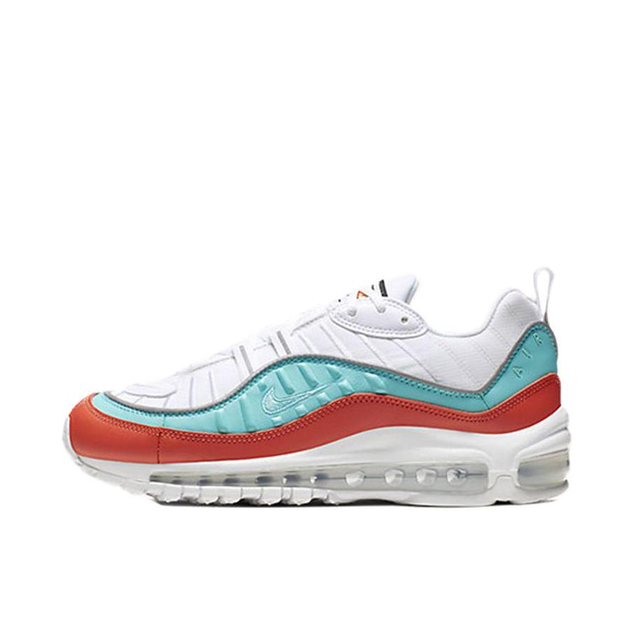 推荐商品：Nike Air Max 98 跑鞋 潮流复古全掌缓震回弹防滑耐磨轻便透气时尚拼接圆头气垫 White/Red/LightSeaGreen 白蓝红