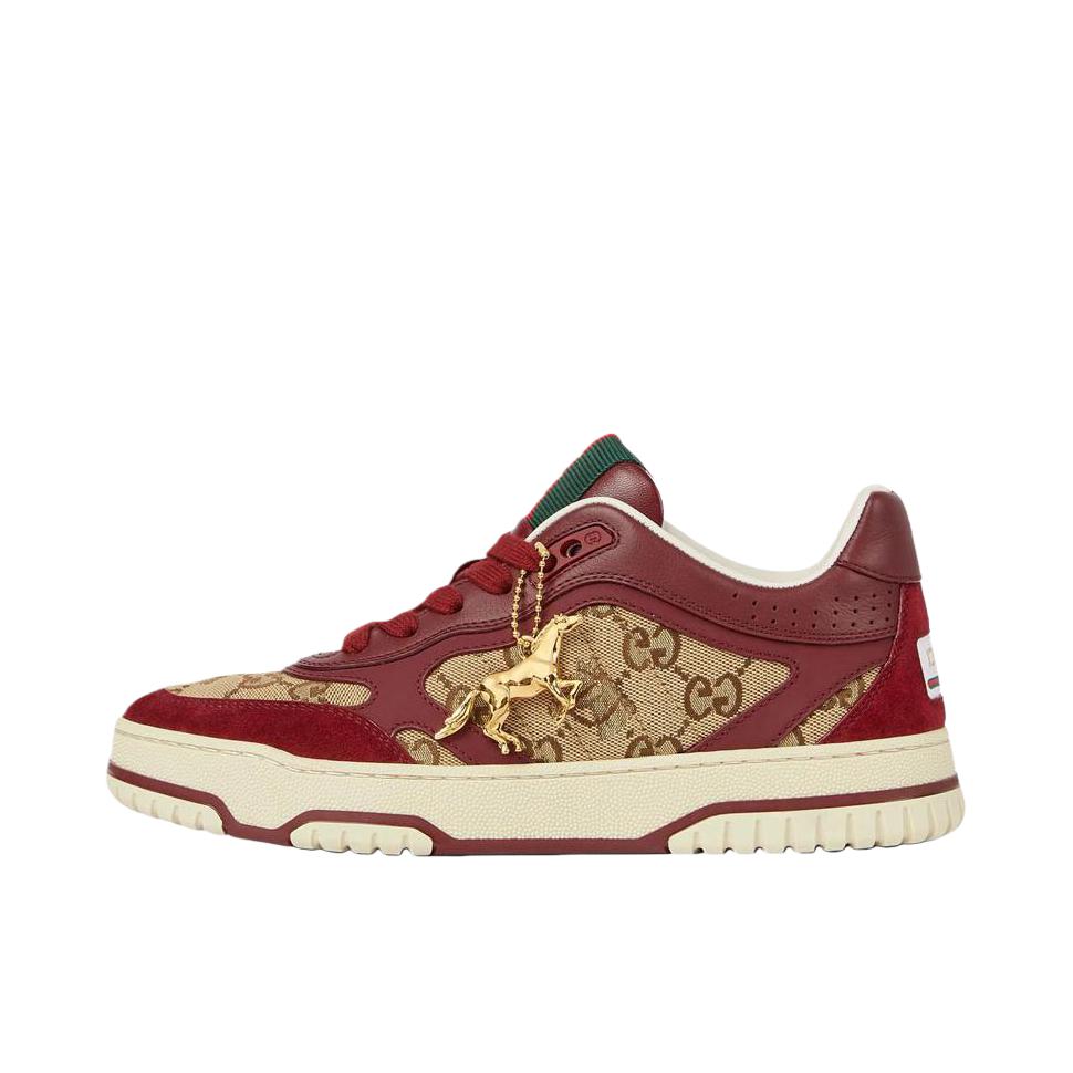 推荐商品：Gucci Re-Web 板鞋 皮革低帮拼接舒适轻便运动粒面纹理圆头 女款/深红色