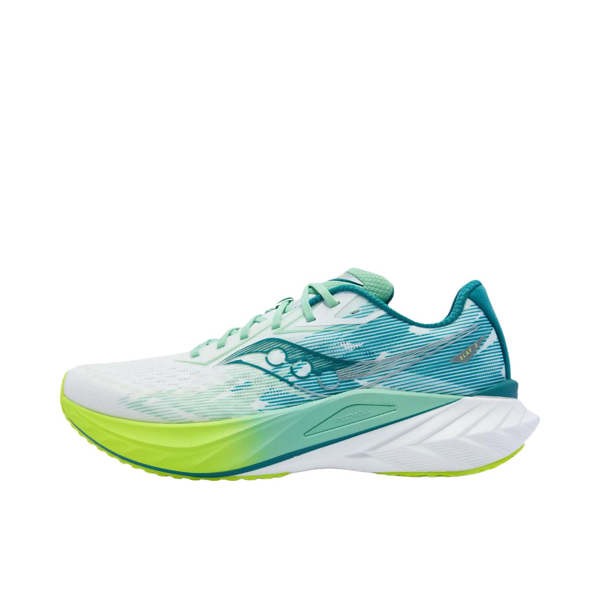 推荐商品：Saucony/索康尼 SLAY 全速3 跑鞋 耐磨竞速训练碳板缓震全掌回弹轻便防滑 白色/绿色