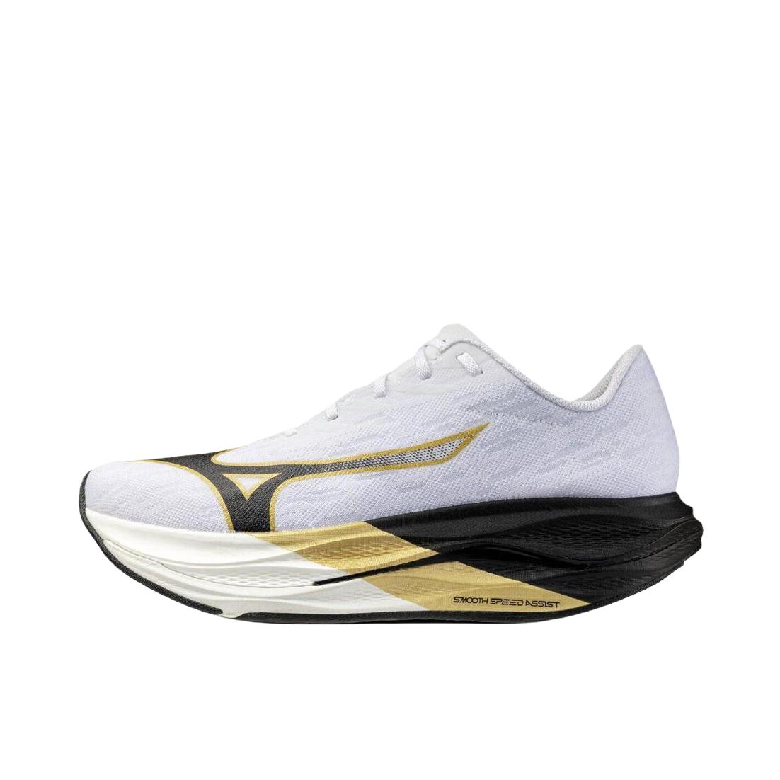 推荐商品：Mizuno/美津浓 WAVE REBELLION FLASH 3 跑鞋 橡胶系带厚底圆头支撑 2E宽/白色/黑色/金色