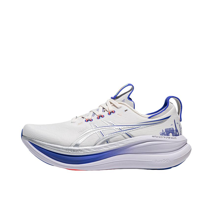推荐商品：Asics/亚瑟士 GEL-NIMBUS 28 跑鞋 百搭时尚舒适圆头减震回弹夜跑轻便贴合支撑网面抓地慢跑缓冲缓震马拉松训练防滑冬季稳定竞速增高通勤鞋 白色/银灰色