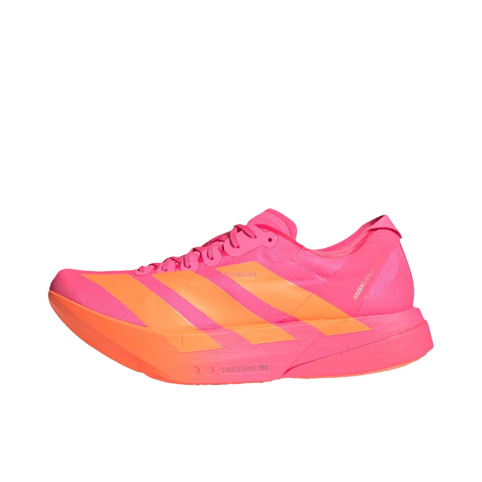 推荐商品：adidas Adizero Adios Pro 4 跑鞋 碳柱缓震防滑耐磨低帮休闲贴合短跑支撑 亮粉色