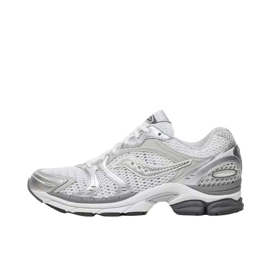 推荐商品：Saucony/索康尼 Progrid Triumph 4 舒适减震 防滑耐磨 网布透气 时尚潮流 缓震 复古 合成革 织物 户外 跑步 运动休闲鞋 羽白色/银色