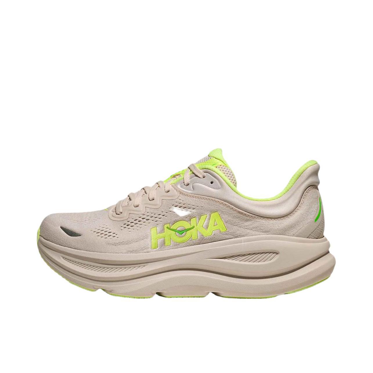 推荐商品：HOKA ONE ONE Bondi 9 越野跑鞋 防滑耐磨缓震透气低帮舒适百搭 深米色/绿色