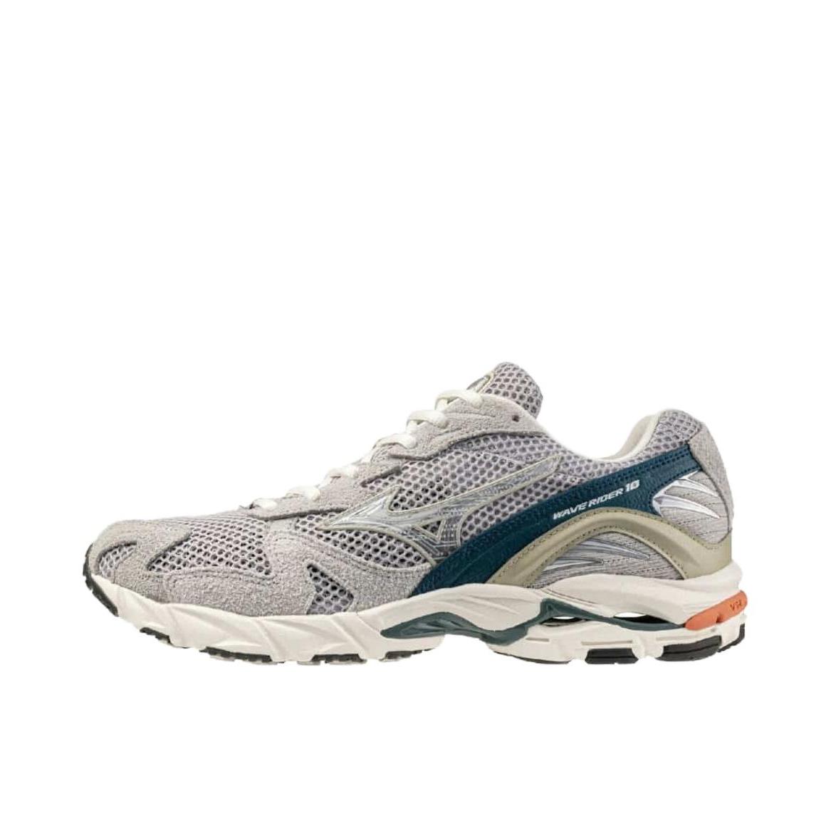 推荐商品：Mizuno/美津浓  Wave Rider 10  经典减震 防滑耐磨 轻便  网布 透气 织物 复古 合成革 运动  跑鞋 深灰色/蓝色