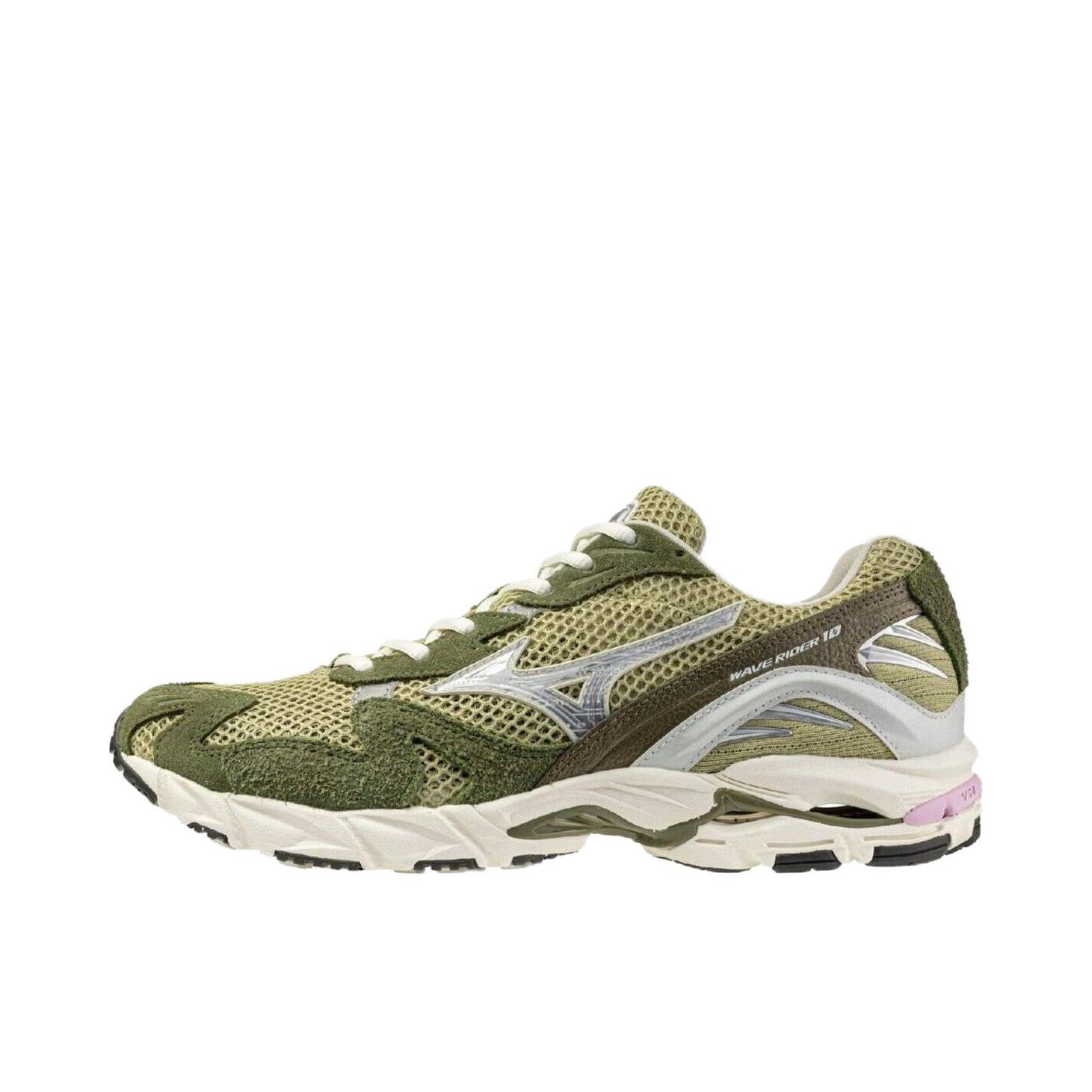 推荐商品：Mizuno/美津浓  Wave Rider 10  经典减震 防滑耐磨 轻便  网布 透气 织物 复古 合成革 运动  跑鞋 绿色/银色