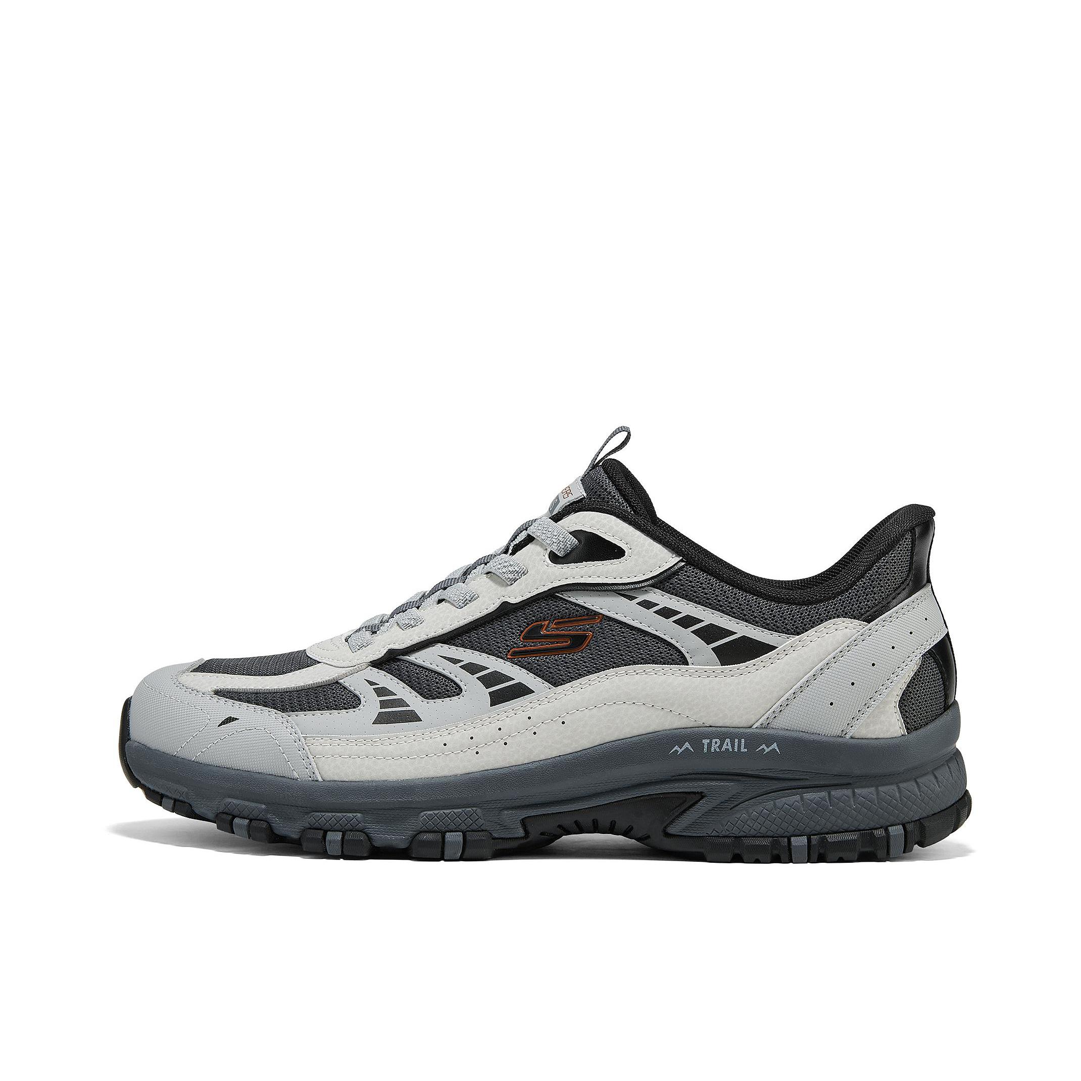 推荐商品：Skechers/斯凯奇 闪穿鞋 老爹鞋 户外休闲鞋 缓震耐磨越野徒步 灰色/橘色