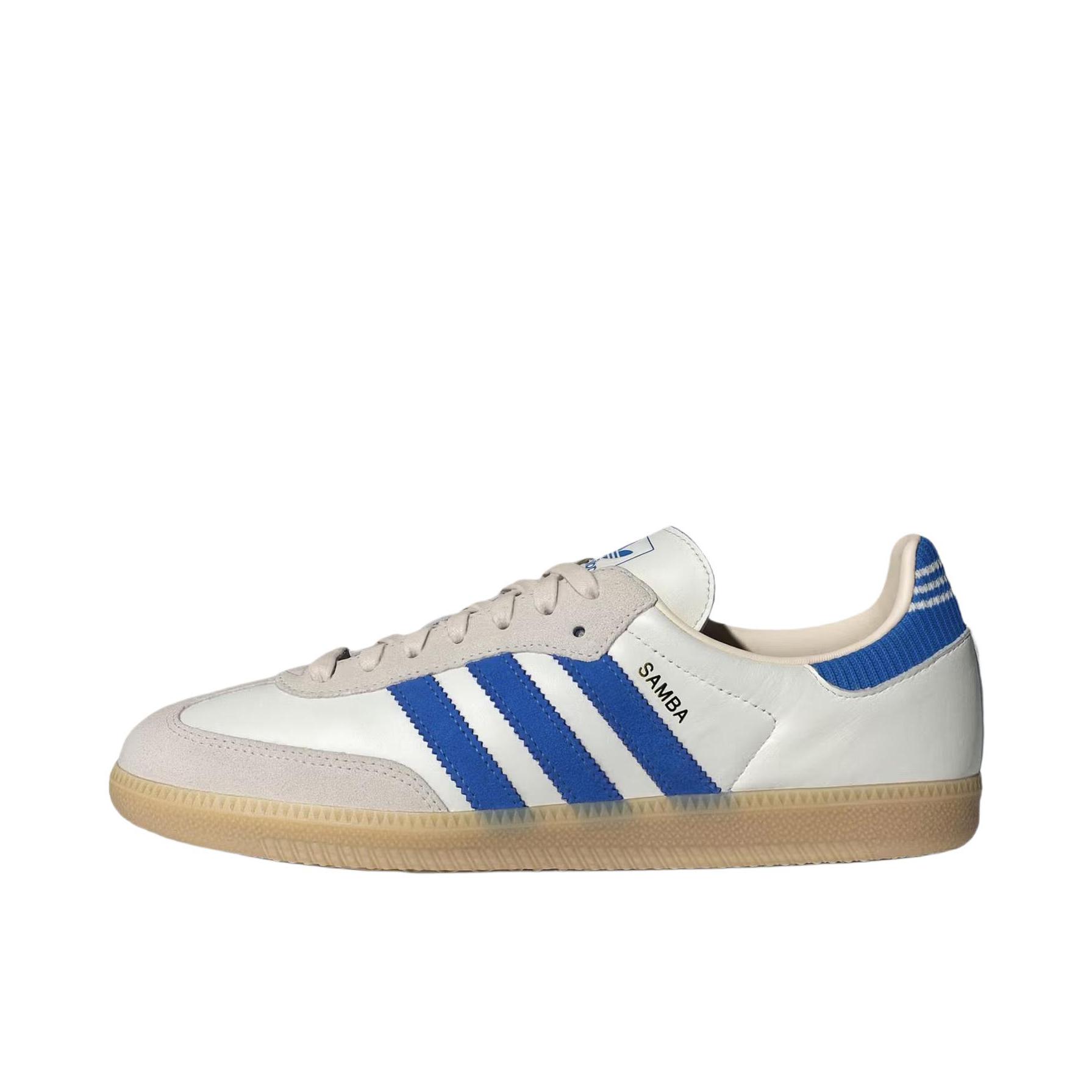 推荐商品：adidas Originals Samba OG T头鞋 板鞋 经典复古舒适百搭耐磨合成革圆头薄底贴合 奶白色/蓝色