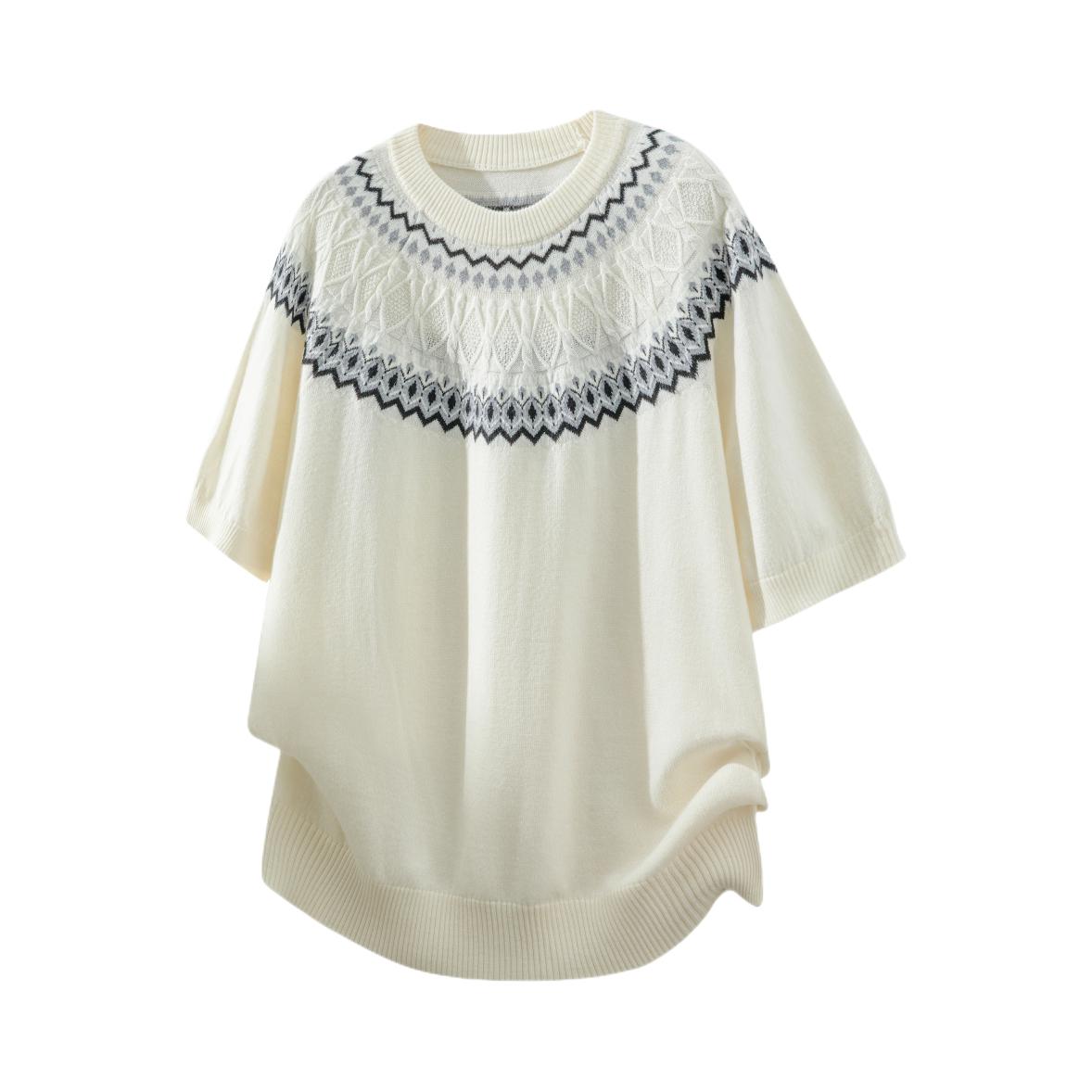 推荐商品：颂希尔 慵懒风套头绒感提花长袖毛衣 BDW-MZH-SXER-XZ608-M611 米/短袖款