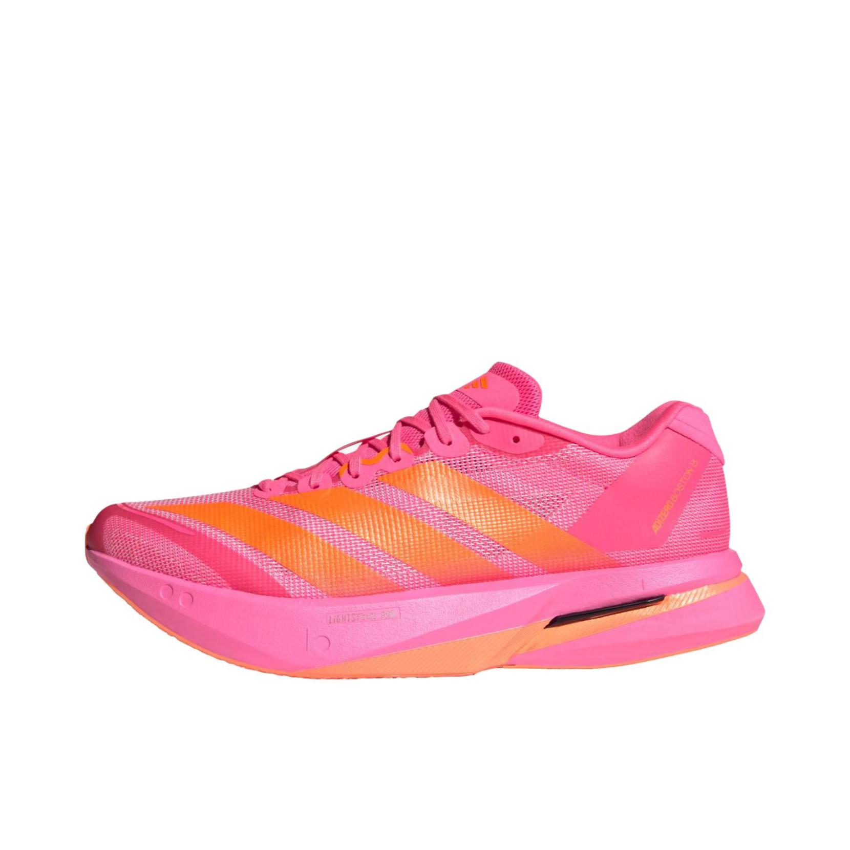 推荐商品：adidas Adizero Boston 13 跑鞋 低帮系带防滑耐磨透气玻纤柱竞训支撑贴合 亮粉色