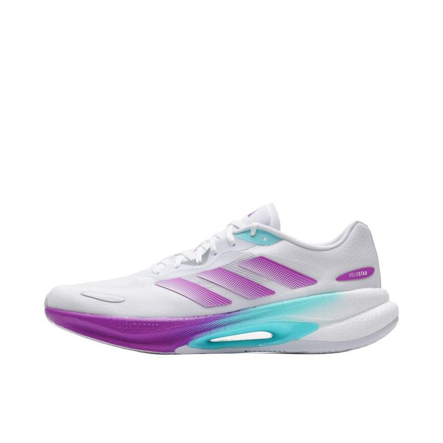 推荐商品：adidas VELOSTAR 跑鞋 超轻稳定缓震回弹排汗贴合体测训练 白色/紫色/蓝色