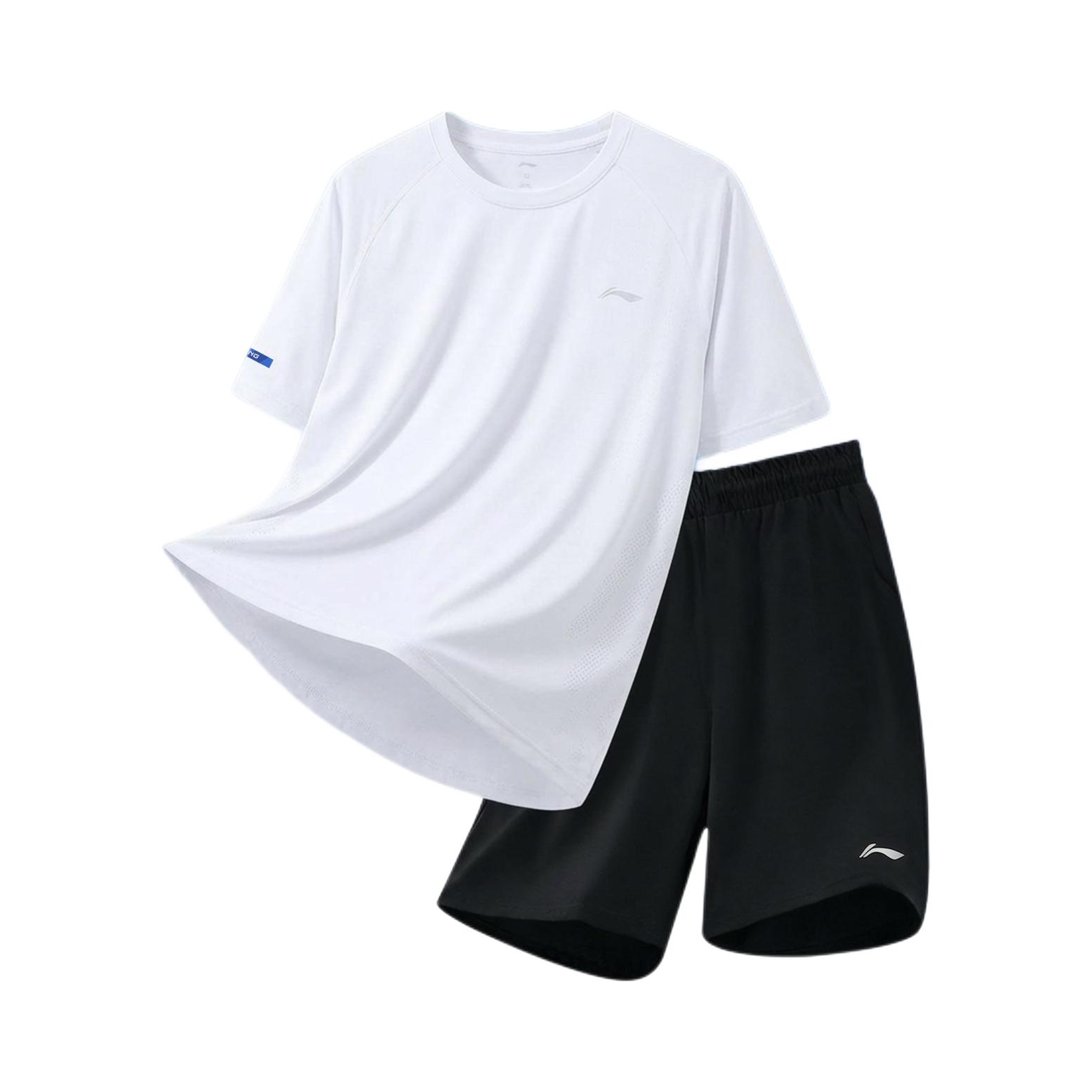 推荐商品：Li Ning/李宁 2026SS 冰丝速干透气短袖运动套装 YTEW332 白上装+黑下装
