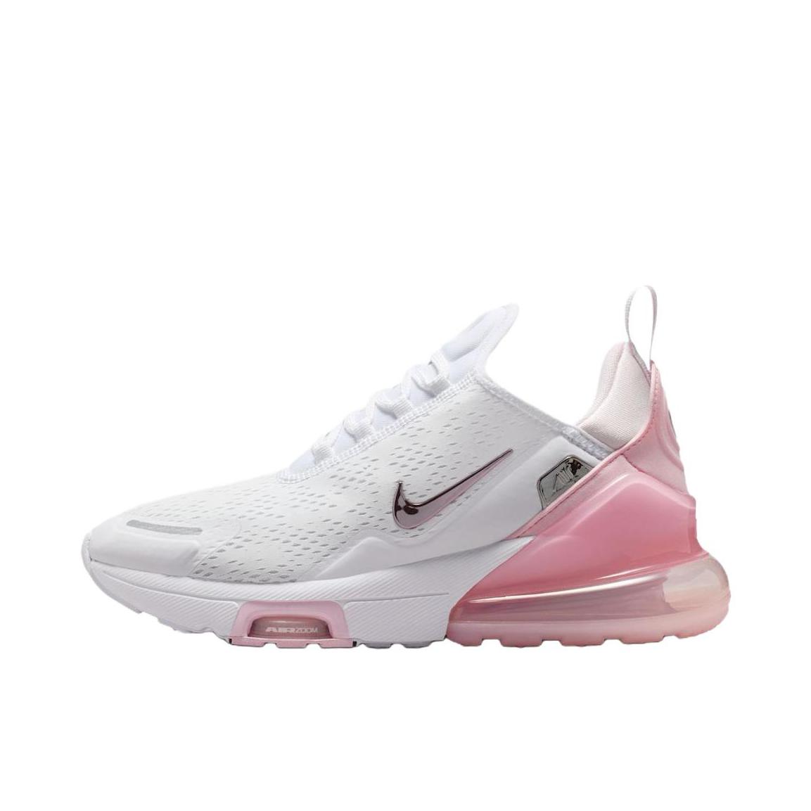 推荐商品：Nike Air Max 270 气垫缓震 轻便透气 耐磨 时尚复古 舒适百搭 防滑 支撑 防水 织物 跑鞋 女款/白色/粉色