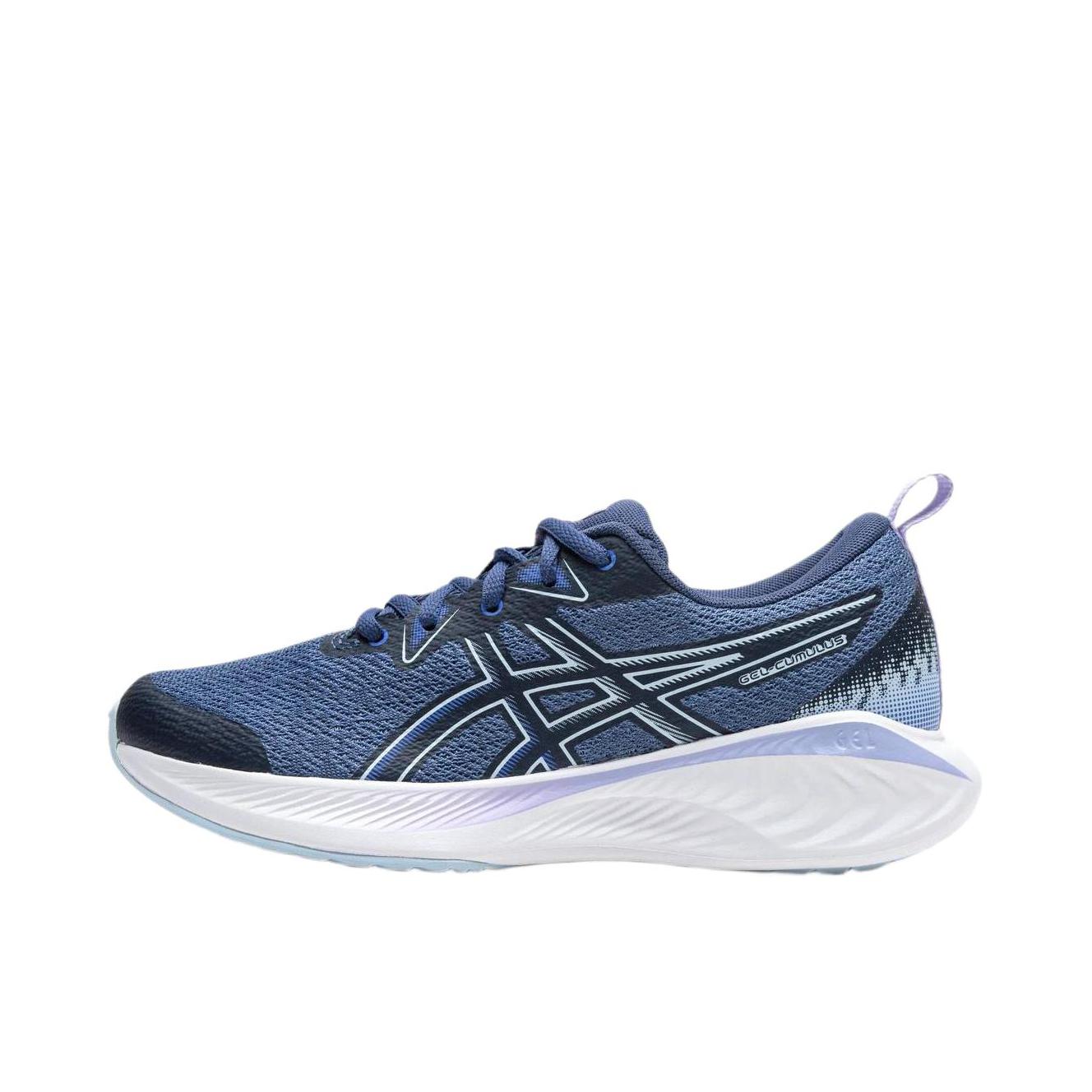 推荐商品：Asics/亚瑟士 Gel-Cumulus 25 跑鞋 轻量回弹稳定支撑缓震圆头网布织物排汗透气马拉松体考 大童/蓝色/白色