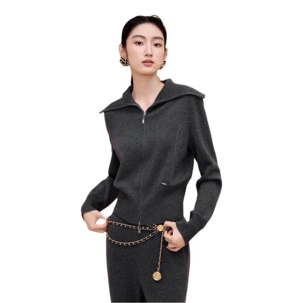 推荐商品：LIMEFLARE/莱茵福莱尔 拉链开衫长袖针织衫 女装 LDGD8BKCD101 深灰