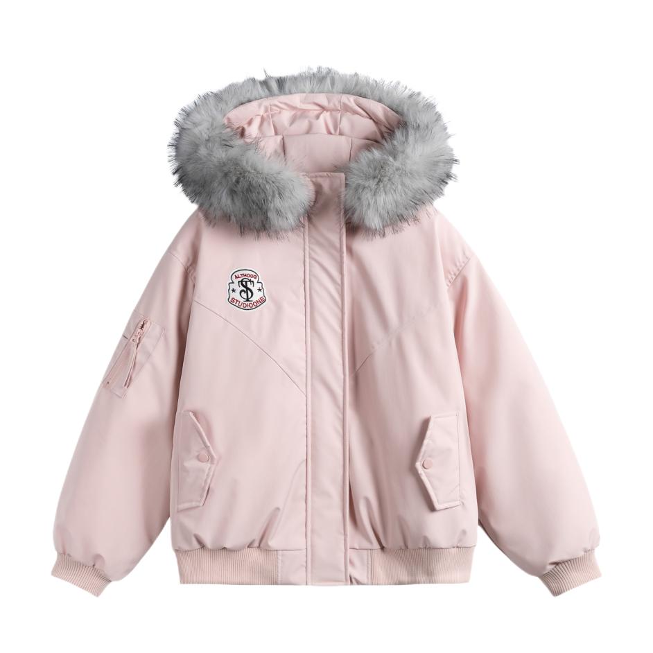 推荐商品：TIRED 白鸭绒可拆卸毛领保暖刺绣徽章连帽短款长袖羽绒服 tired-ST-3352 粉