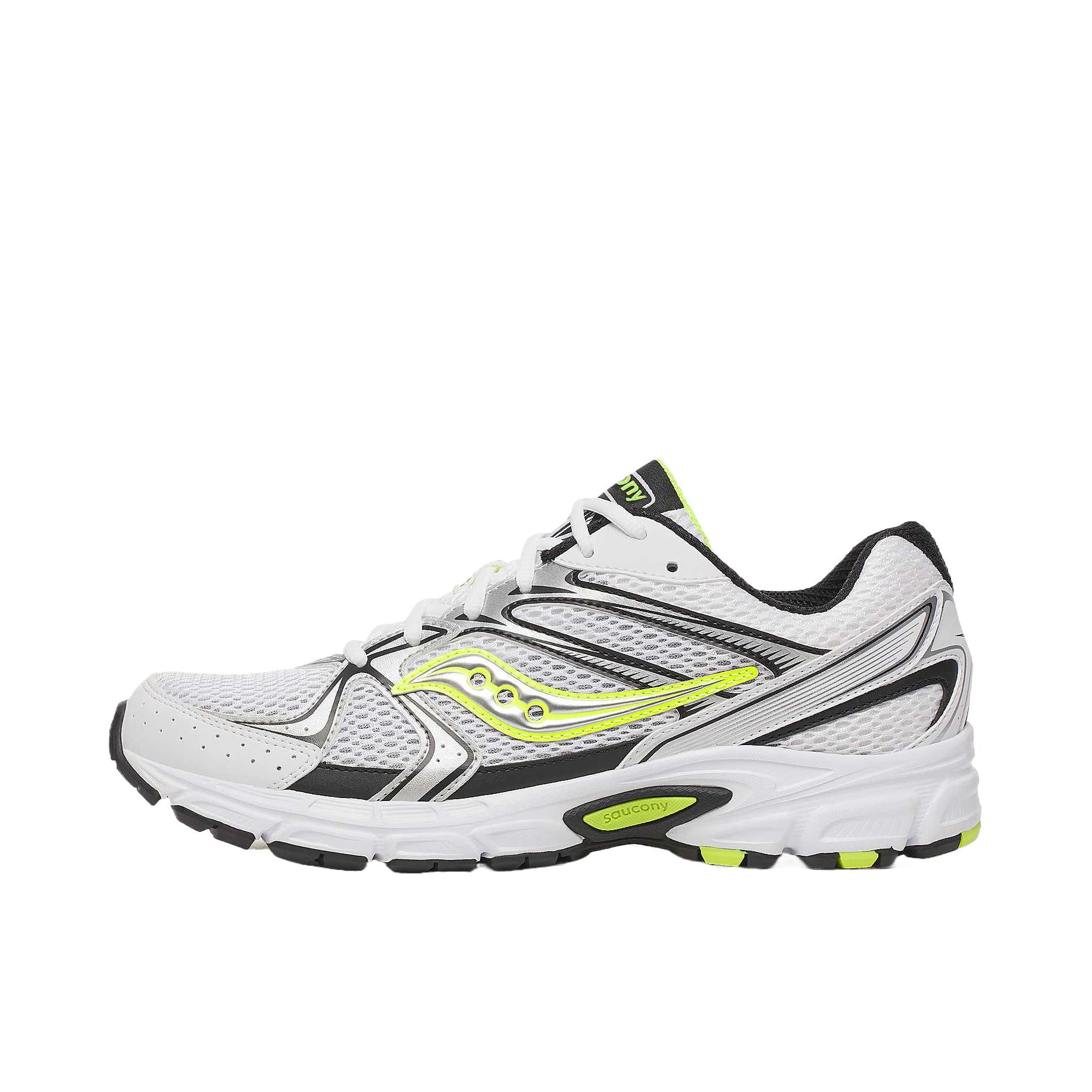 推荐商品：Saucony/索康尼 Ride Millennium 驭途 复古 系带 舒适缓震 防滑耐磨 网布 跑鞋 白色/银色/黄色