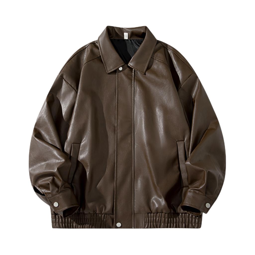 推荐商品：H2P pu皮防风翻领加厚长袖直筒皮衣 咖