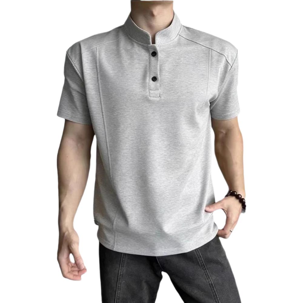 推荐商品：Leonbinno/雷尔宾诺 2026SS 正肩亨利领拼接短袖Polo衫 LEJY-X64117-06 麻灰/升级款