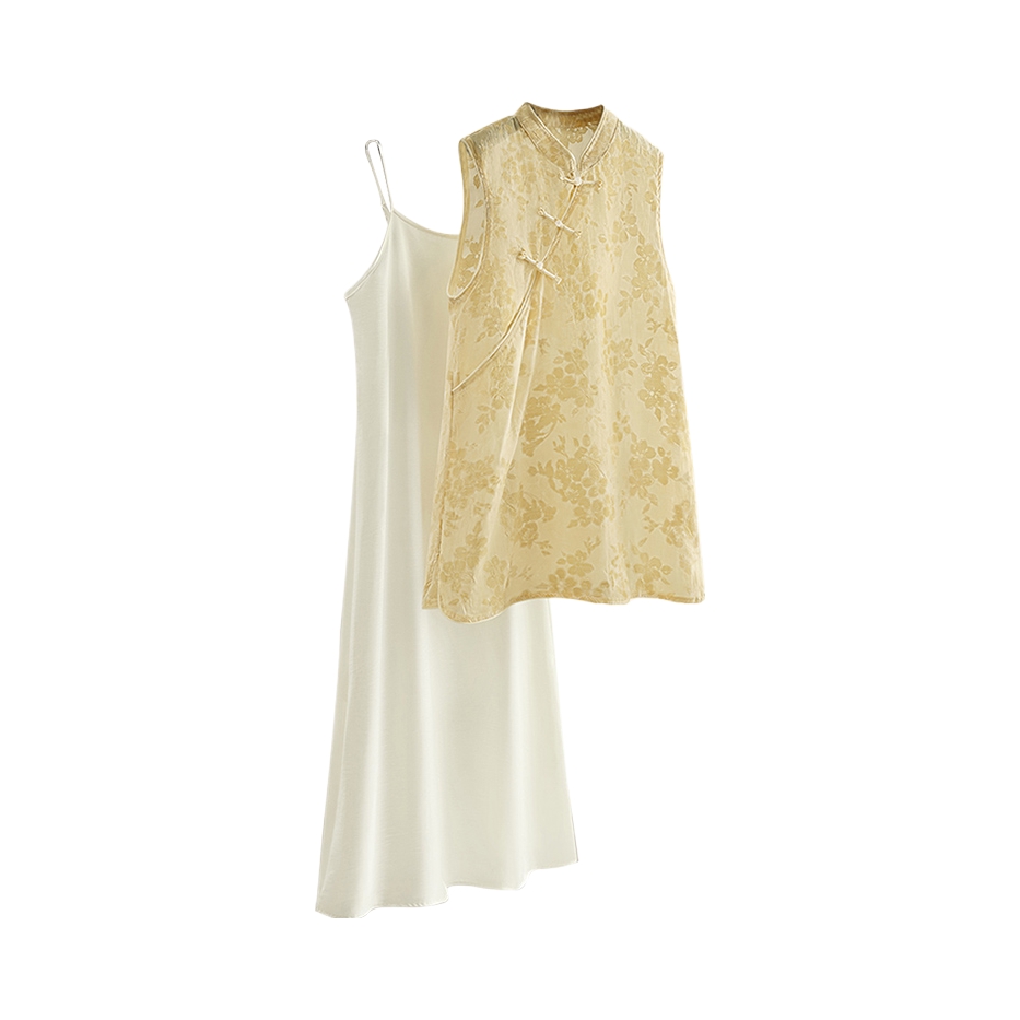 推荐商品：丝柏舍 国风盘扣套头A字吊带休闲套装 女装 S52X4982N 黄